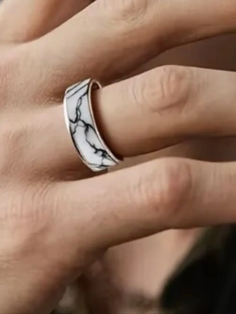 Men's Stainless Steel Ring With Faux Narble Inlay Size 11